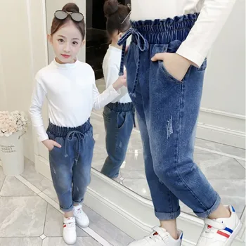 

4 5 6 7 8 9 Years Big Girls Jeans Korean Lace Elastic Waist Denim Pants Casual Ripped Spring Autumn Trousers Kids Fashion Jeans