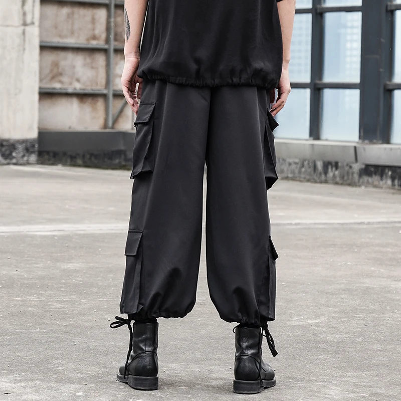 Men's new black multi-pocket pants with drawstring design hip-hop street style loose casual cargo pants