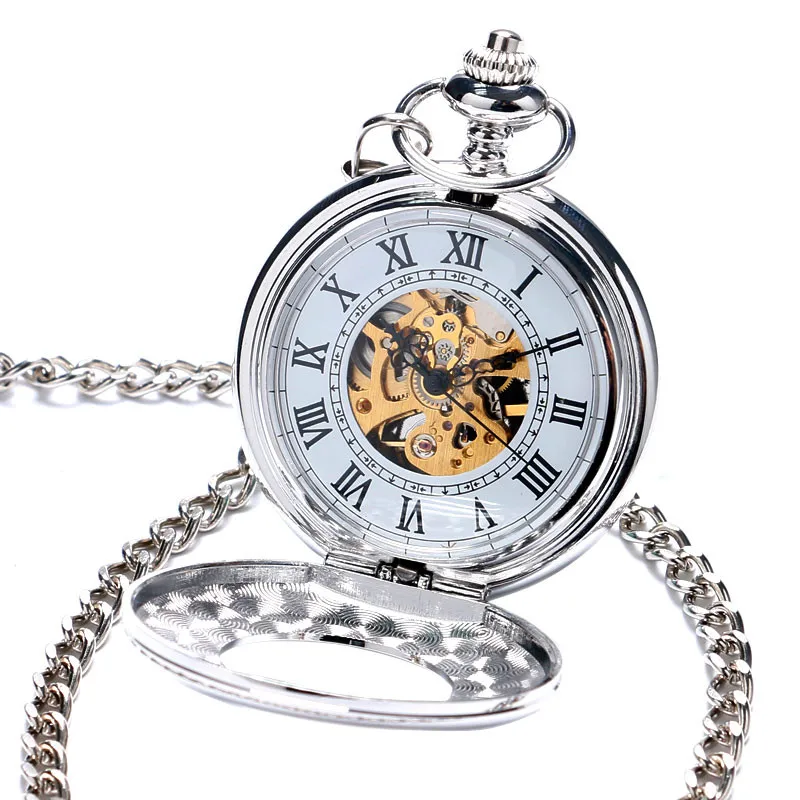 Silver Smooth Half Hunter Case Roman Numerals Display Unisex Handwinding Mechanical Pocket Watch Skeleton Pendant Chain Clock
