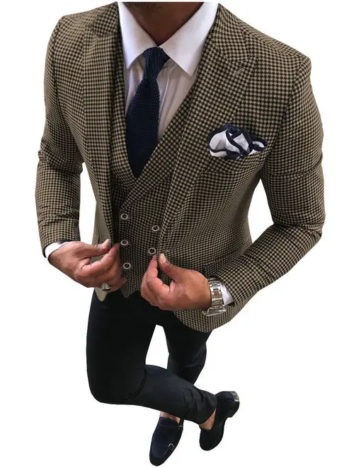 Высококачественный мужской костюм из 3 предметов для отдыха, клетчатая Свадебная деловая Вечеринка(пиджак+ брюки+ жилет), Индивидуальный размер - Цвет: Coffee