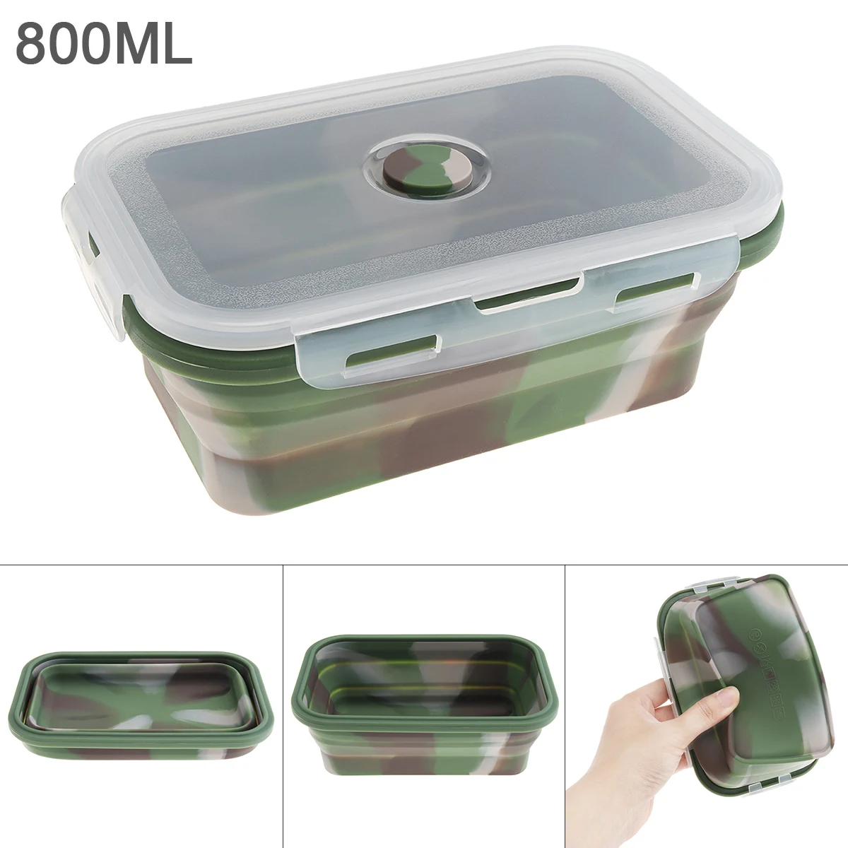 

800ML Camouflage Color Portable Rectangle Silicone Scalable Folding Lunchbox Bento Box with Silicone Plug for 40~230 Centigrade