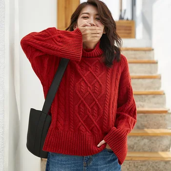 

2020 Autumn Winter Women Brief Casual Loose Turtleneck Pullover Pull Jumpers Cashmere Wool Knitted Sweater Red/Pink Sueter Ropa