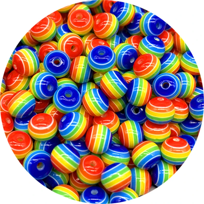 Resin Beads 8mm Round Rainbow Stripe Loose Spacer For Jewelry Making DIY 50pcs
