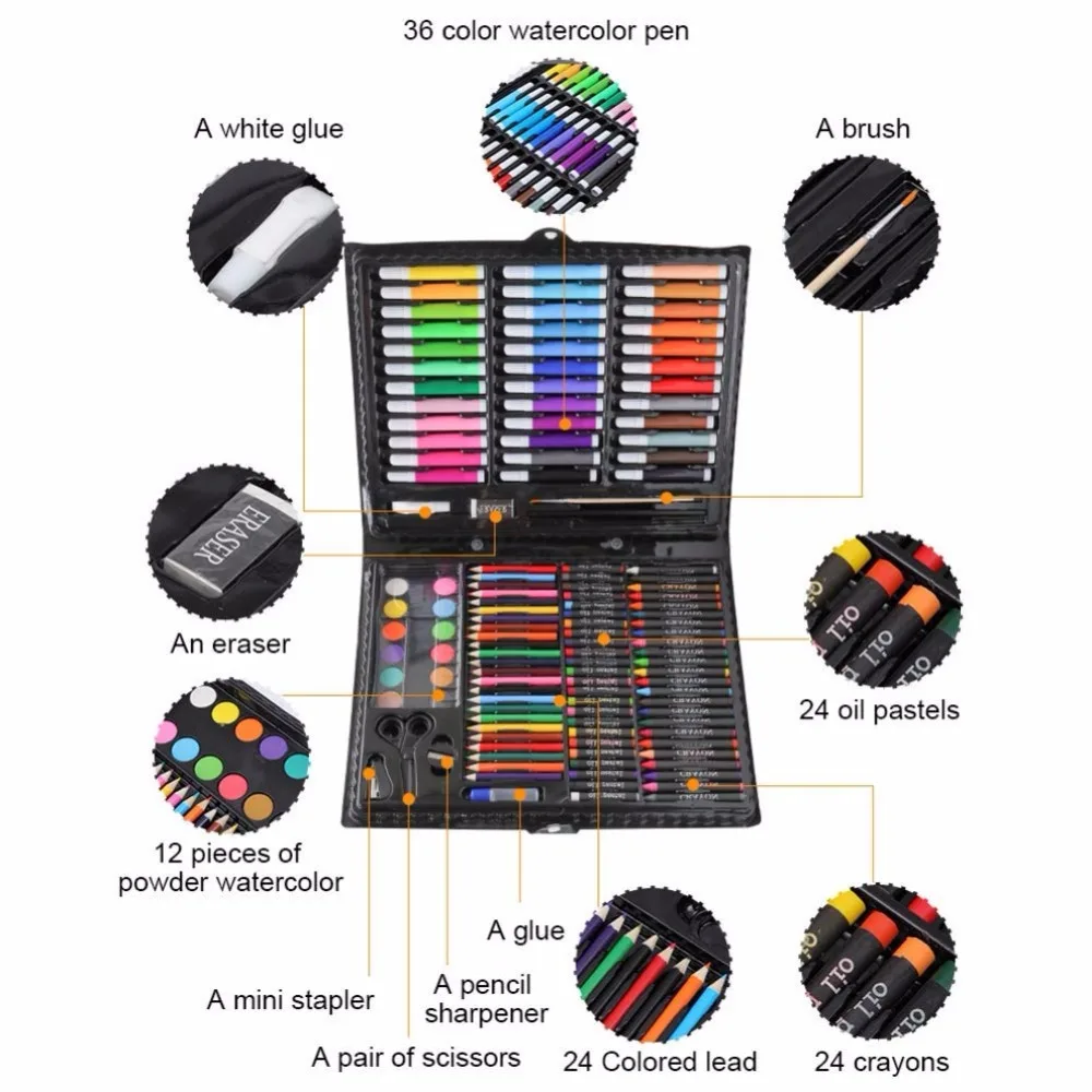 Günstige 150 teile satz Kinder Kunst Set Kinder Zeichnung Set Wasser Farbe Stift Kreide Öl Pastell Malerei Zeichnung Werkzeug Kunst liefert schreibwaren