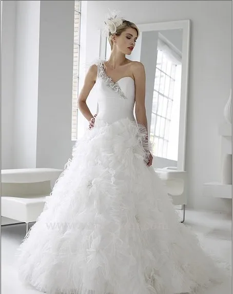 

Free shipping new fashion 2016 elegant beaded finished one shoulder sweetheat organza wedding dresses with crystal bridal gowns