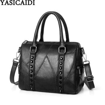 

YASICAIDI Genuine Leather Handbag Black Patchwork Sheepskin Top-Handle Ladies Hand Bags Rivet Satchel Crossbody Bags For Women