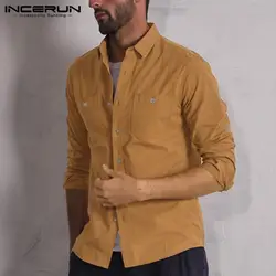 INCERUN 2019 осень новая мода повседневная мужская брендовая рубашка карманы хлопок шик Кнопка однотонная блуза с длинным рукавом рубашка