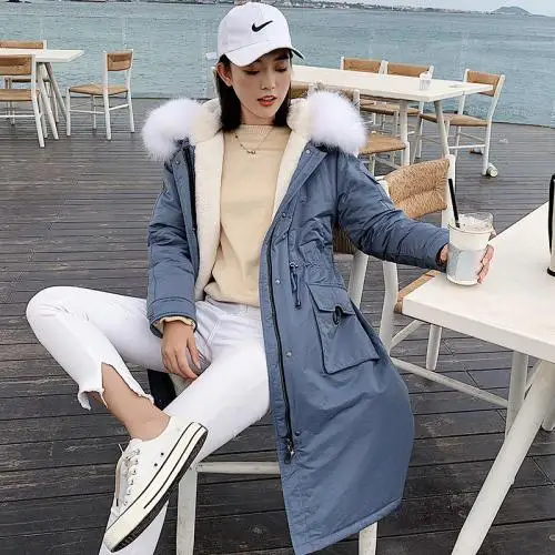 Female Korean Version Of The New Down Jacket Overcoming Inner Liner Plus Down And Thick Cotton Jacket With Large Wool Collar And - Color: Blue