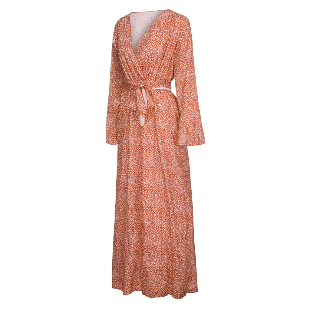 Robe femme kleider damen женское богемное длинное Бандажное платье с перекрестным v-образным вырезом и расклешенными рукавами с цветочным принтом и бантом vestidos femininos