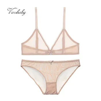 

Varsbaby sexy deep V transparent underwear mid-rise briefs wire free bra set for women