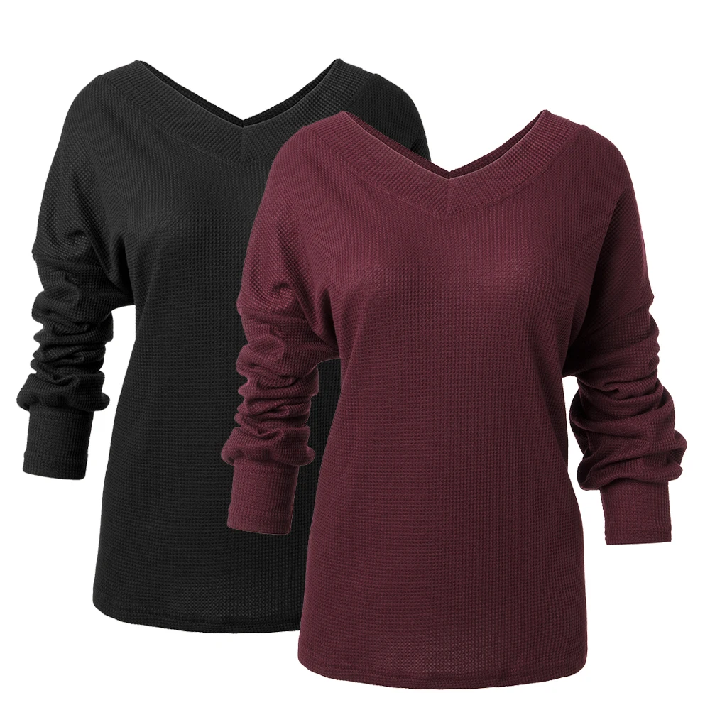 

Pullover Tops Women Winter Autumn Shirts Female Waffle Knit Tops Long Sleeve Off Shoulder V Neck Sexy Ladies T-shirts Loose Tops