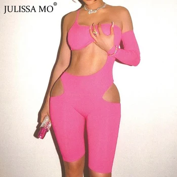 

JULISSA MO Pink Sexy Hollow Out Playsuit Women Straps One Sleeve Jumpsuit Womens Rompers Female Casual Skinny Playsuits Overalls