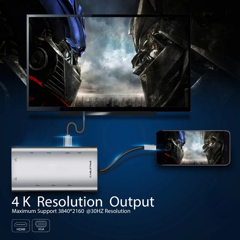 CABLETIME USB C концентратор HDMI RJ45 USB3.0 адаптер 10 в 1 Тип VGA SD кард ридер Мощность доставки