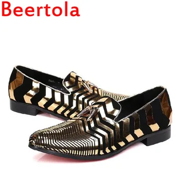 

Brand Beertola Gold Fashion Men's Dress Shoes Leather Flats Heel Shoes Men Business Style Male Flat BottomMix Man Big Size