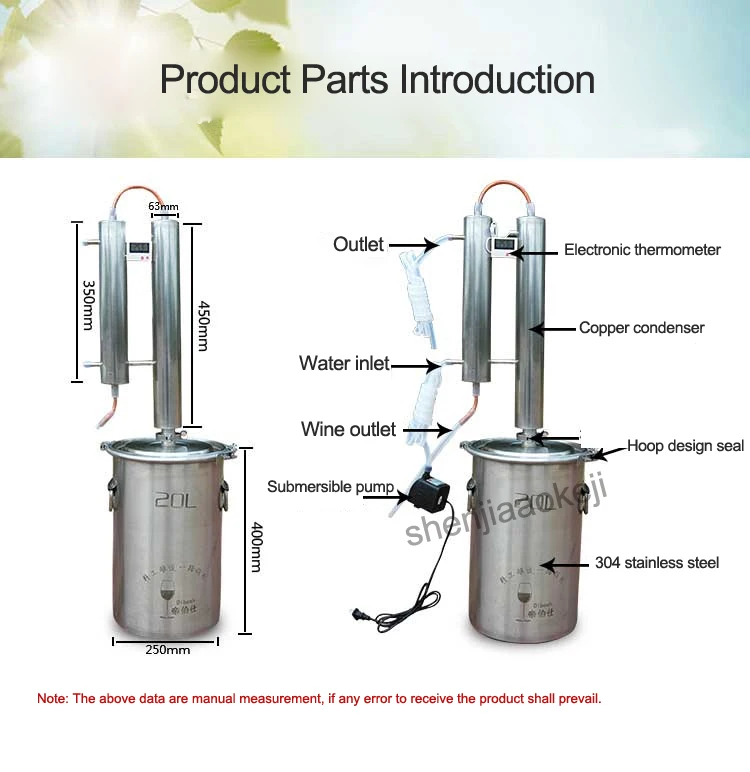 20L 304 Нержавеющая сталь дистиллятор для самостоятельного изготовления виски медный дистиллятор змеевик охлаждения алкоголя домашнее Вино делая виски бренди