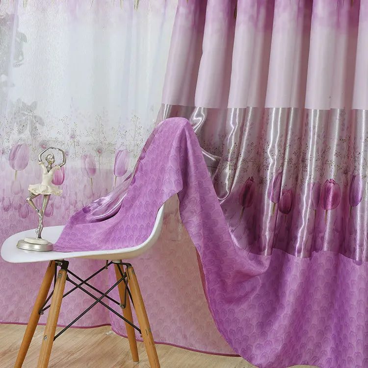 

Curtains for Living Room Bedroom Black Silk High-shaded Korean Double-sided Tulip flower Printing Pastoral American