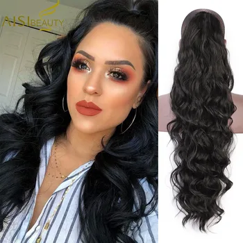 

AISI BEAUTY Long Body Wave Ponytail Extension Drawstring Heat Resistant Synthetic Wrap Around Ponytail Black Hairpiece for Women