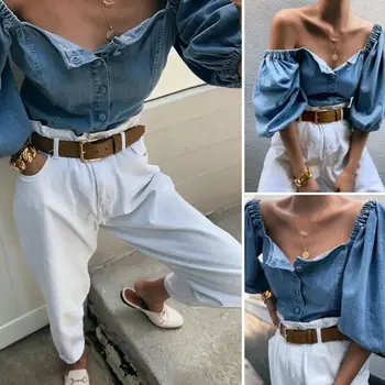 

Women Sexy Off Shoulder Denim Long Sleeve Shirt Puff Sleeve Loose Blouse