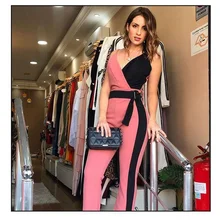 

Women Summer Casual Black White Double Patchwork Suspender Jumpsuits Slim Skinny Sport Fitness Bodysuits Female Fashion V-neck