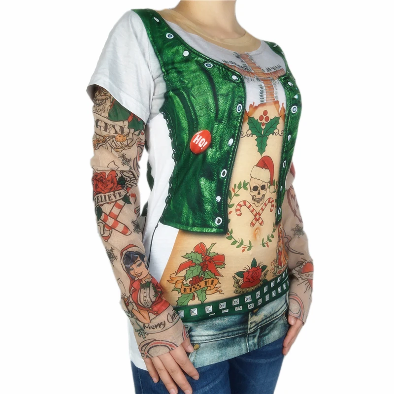 Сексуальное уродливое Рождество с принтом Tatoo, футболка для женщин, забавные рождественские футболки с принтом Санта-Клауса и черепа, Байкерская футболка с длинными рукавами для девочек