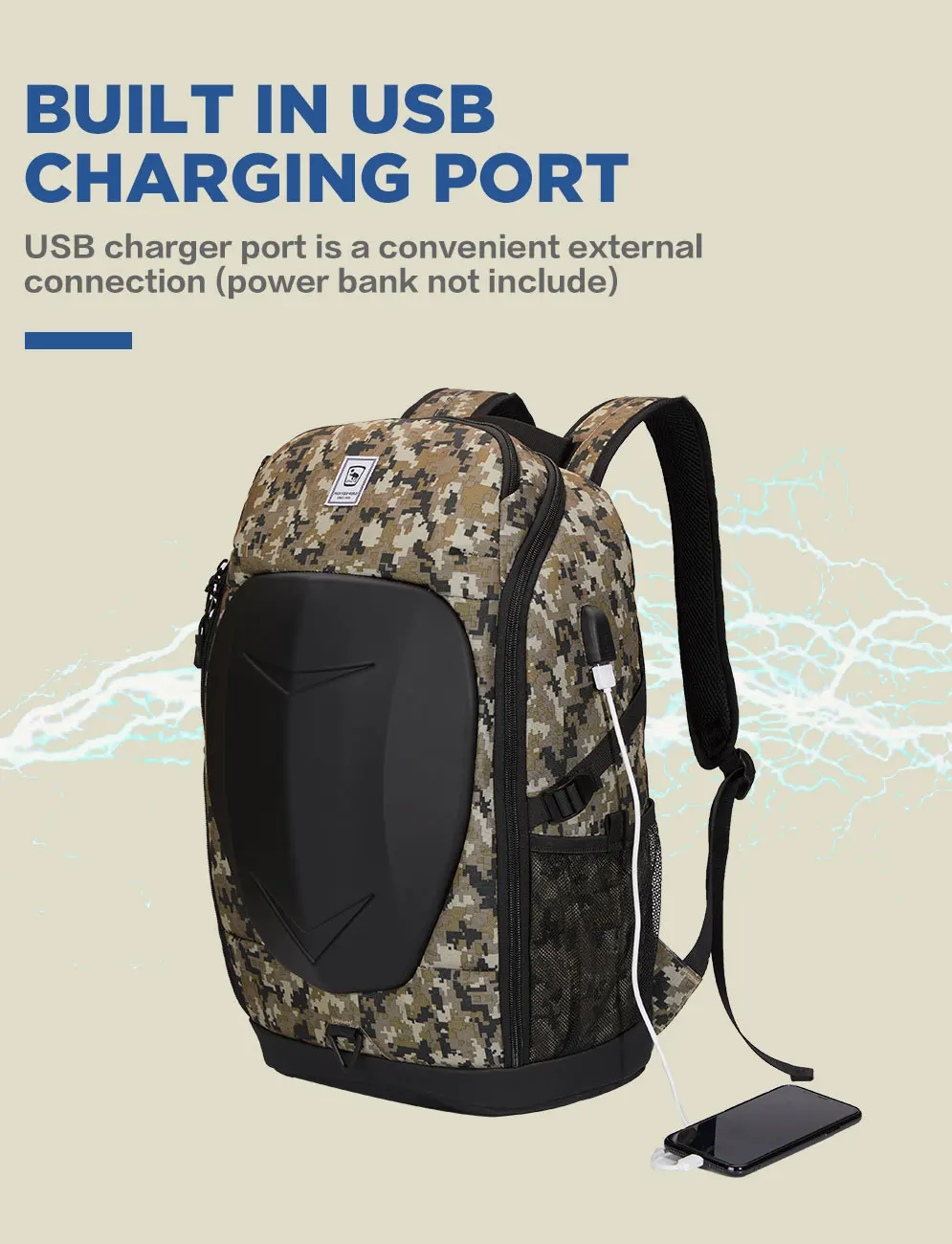 Hard Shell Tactical Backpack 21L Laptop USB Charging Port Waterproof