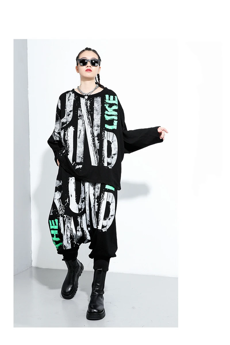 [EAM] High Elastic Waist Black Letter Printed Long Harem Trousers New Loose Fit Pants Women Fashion Spring Autumn 2020 1DA126