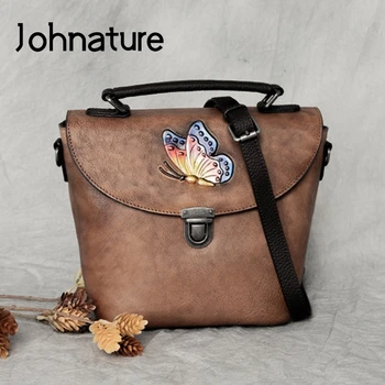 

Johnature Retro Women Bucket Bag 2020 New First Layer Cow Leather Handbag Handmade Embossed Leisure Shoulder Messenger Bags