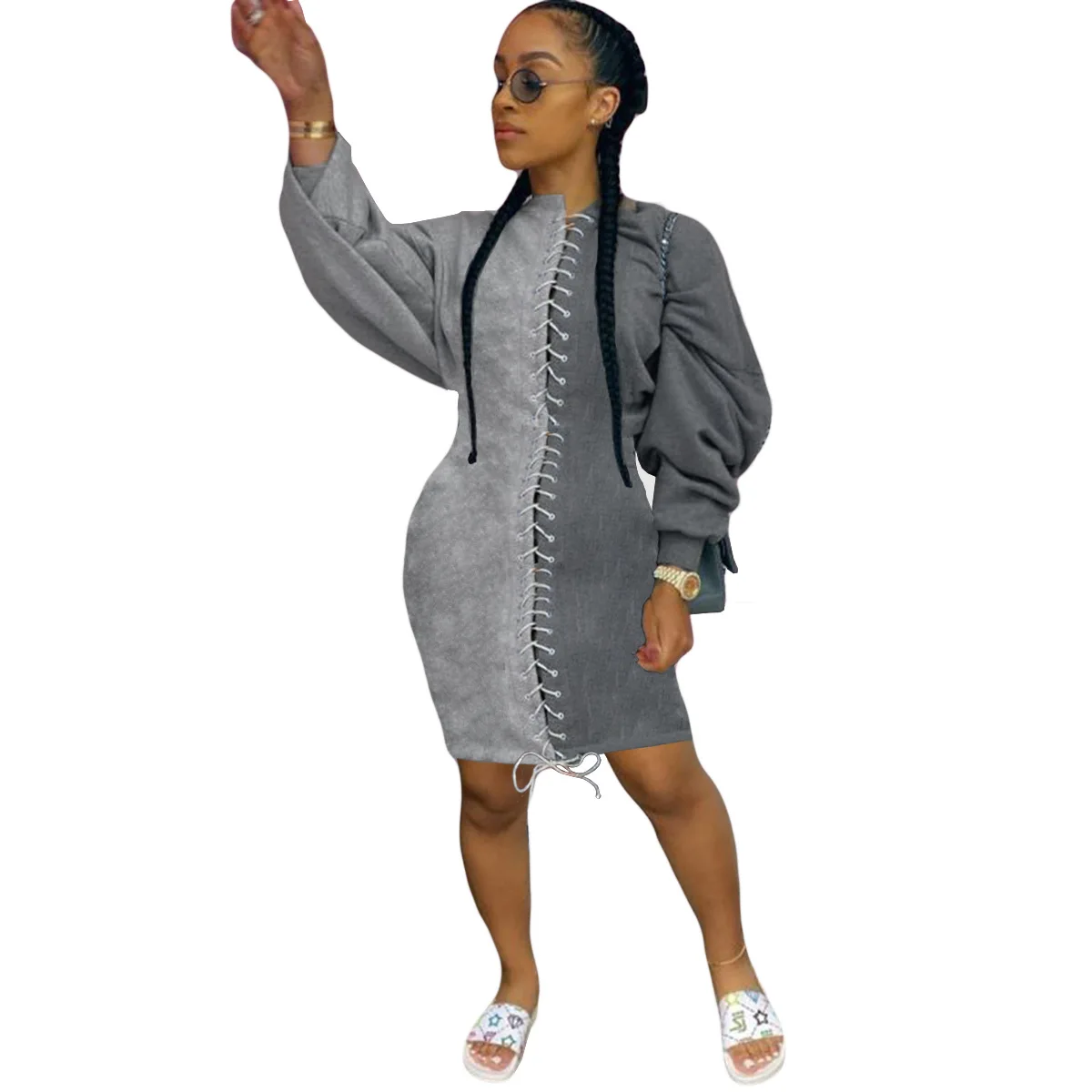 Winter Sexy Women  Corny Corded Patchwork  Batwing Sleeve Thickened Dress  Streetwear Plus Size  Vestidos