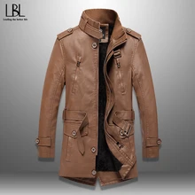 Новое Поступление Мужская Длинная Кожаная Куртка Ветровка Мужской Модный Тренч Зима Осень ПУ Пальто Стенд Воротник Флисовые Куртки Слим