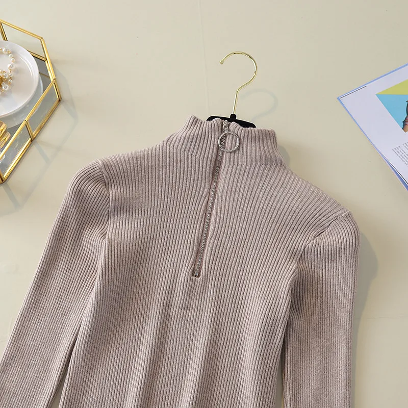 2019 Trend Knitted Sweater Women Zipper Turtleneck Long Sleeve Slim Women Pullover Sweater Autumn Winter Warm Female Jumpers (40)