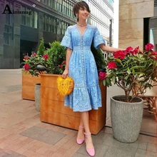Boho Однотонное светло-голубое с v-образным вырезом, с коротким рукавом-клеш, с крючком, с цветочным узором, однобортное кружевное новое летнее элегантное женское платье