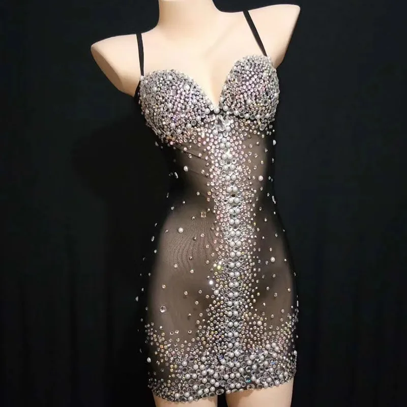 

Women Black Slim Spaghetti Strap Strapless Short Dress Colour Rhinestones Perspective Female Nightclub DJ Dance Performance Wear