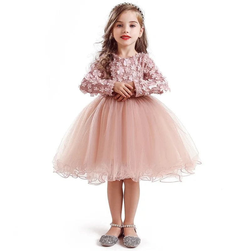 Платье с цветочным узором для девочек повседневная школьная одежда праздничные платья принцессы зимняя повседневная одежда с длинными рукавами одежда для детей возрастом от 3 до 8 лет - Цвет: Style1 Pink