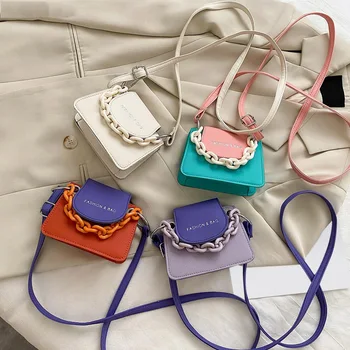 

2020 Youth Ladies Simple Versatile Bag Women Mini Crossbody Bag Acrylic Chain Lady Hit Colorful PU Leather Shoulder Handbag New