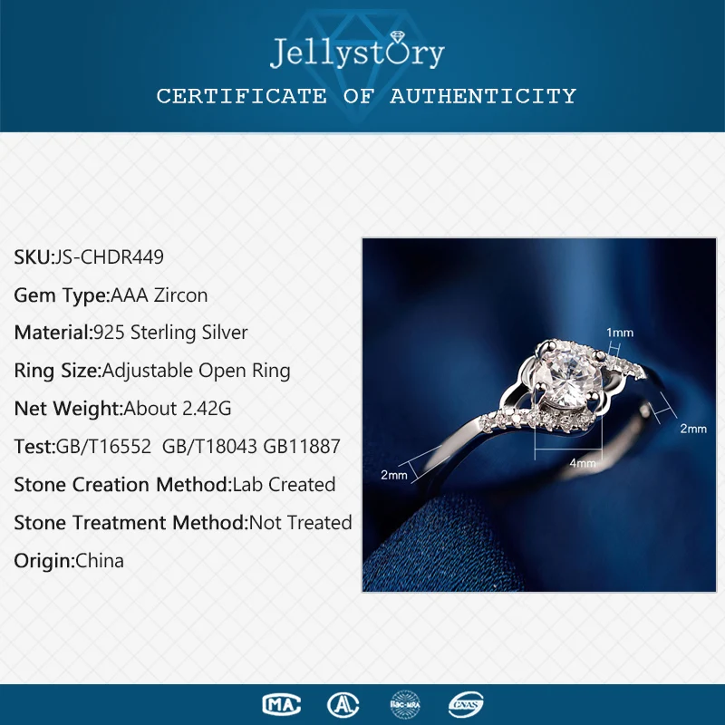 Jellystory, элегантное серебряное 925 Ювелирное кольцо для женщин, круглые циркониевые драгоценные камни, открытые кольца, модные изысканные подарки на свадьбу