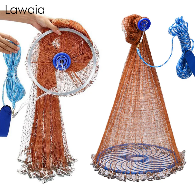 Lawaia Cast Net American Style Strong Orange Braided Cable with Aluminum Ring/Blue Ring Fishing Landing Net Diameter 240cm-600cm