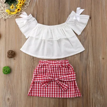 

Summer Girls Two-piece Outfit Solid Color Off Shoulder Tops Plaid Skirt Kit Kids Casual Plaid Short Dress