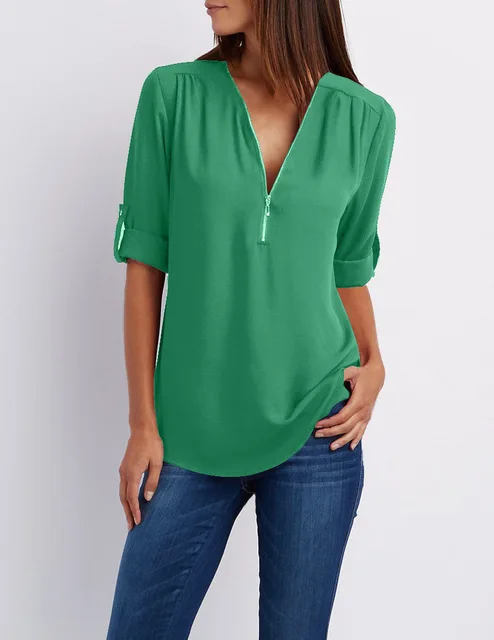 Women Shirts Summer Autumn Casual V-neck Chiffon Blouse Women Top Camisa Feminina Long Sleeve Black White Ladies Blouses Shirt Grass green
