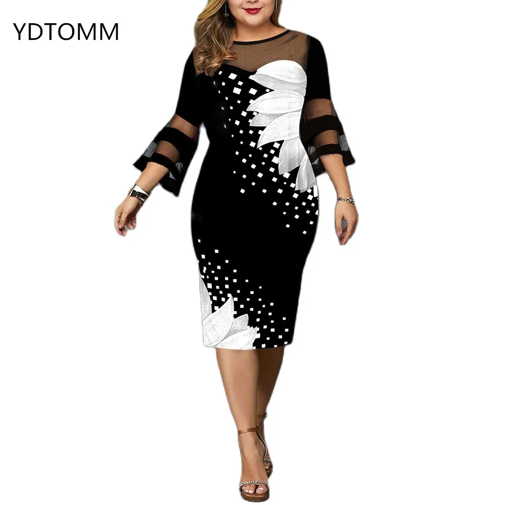 Plus Size Summer Women's Dress 2022 Elegant Mesh Sunflower Print