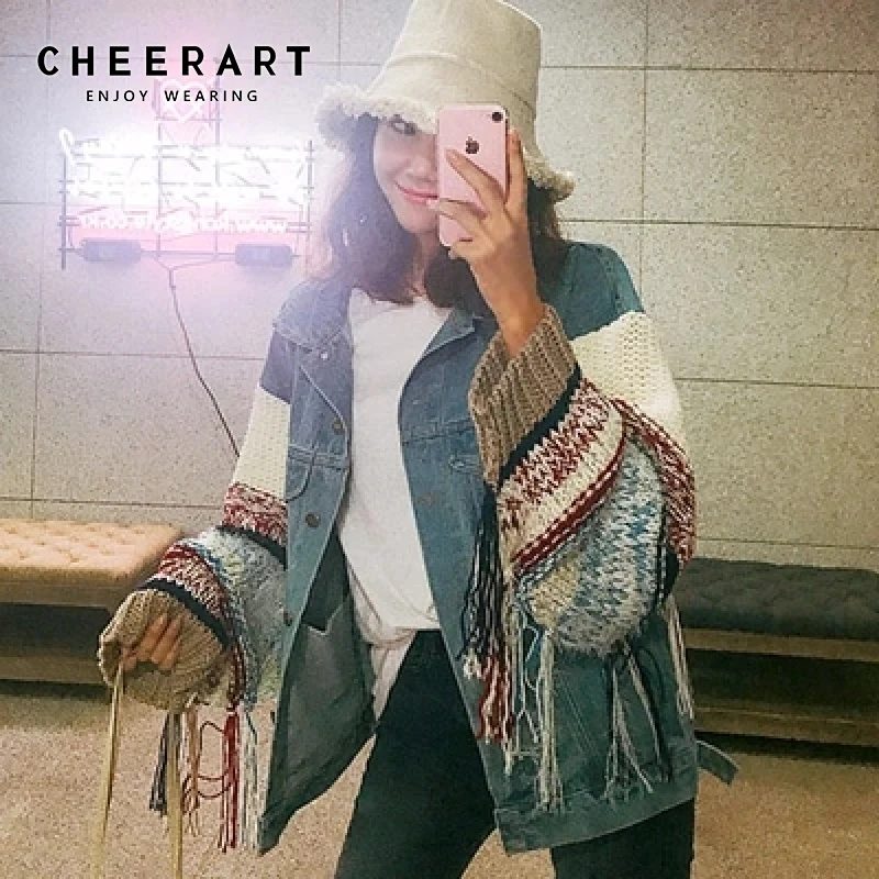 Дизайнерская джинсовая куртка Cheerart Лоскутная свитер с рукавами оверсайз