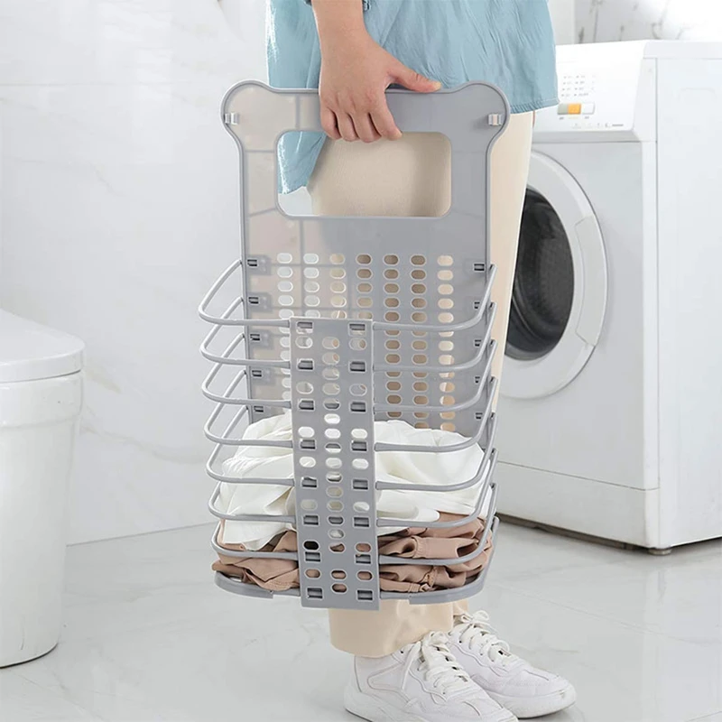 2Pack Collapsible Storage Basket, Can Be Hanged with Handle, Convenient Folding Hamper, with 2 Hooks, Gray