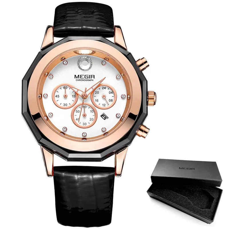 Megir Модные кварцевые часы для женщин, Роскошные наручные часы с хронографом, женские красные часы с ремешком из натуральной кожи, водонепроницаемые часы Relogio Femininos 2042 - Цвет: M2042Black