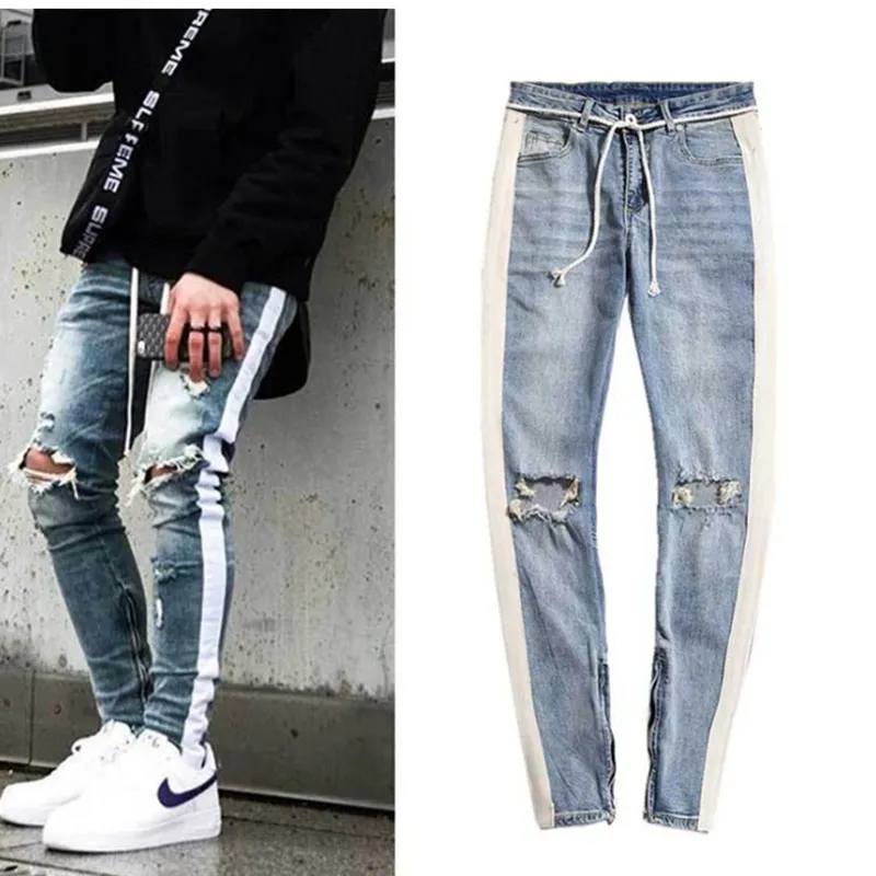 Pantalones vaqueros con rayas laterales para hombre, vaqueros con cremallera de diseñador, elásticos, Agujero roto, color negro, pantalones de correr de cintura elástica con Motor, Hip Hop