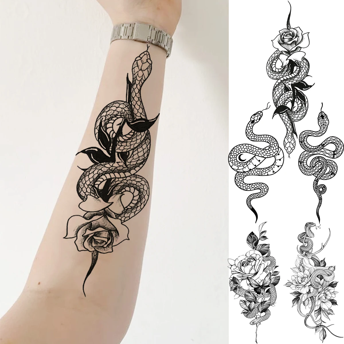 Tatouage Serpent Avant Bras Femme Faux Tatouage Temporaire De Serpent, Fleur De Rose Noire, Pour Femme  Adulte, Pivoine, Avant-bras, Peinture D'art Corporel, Étanche - Tatouages  Éphémères - AliExpress