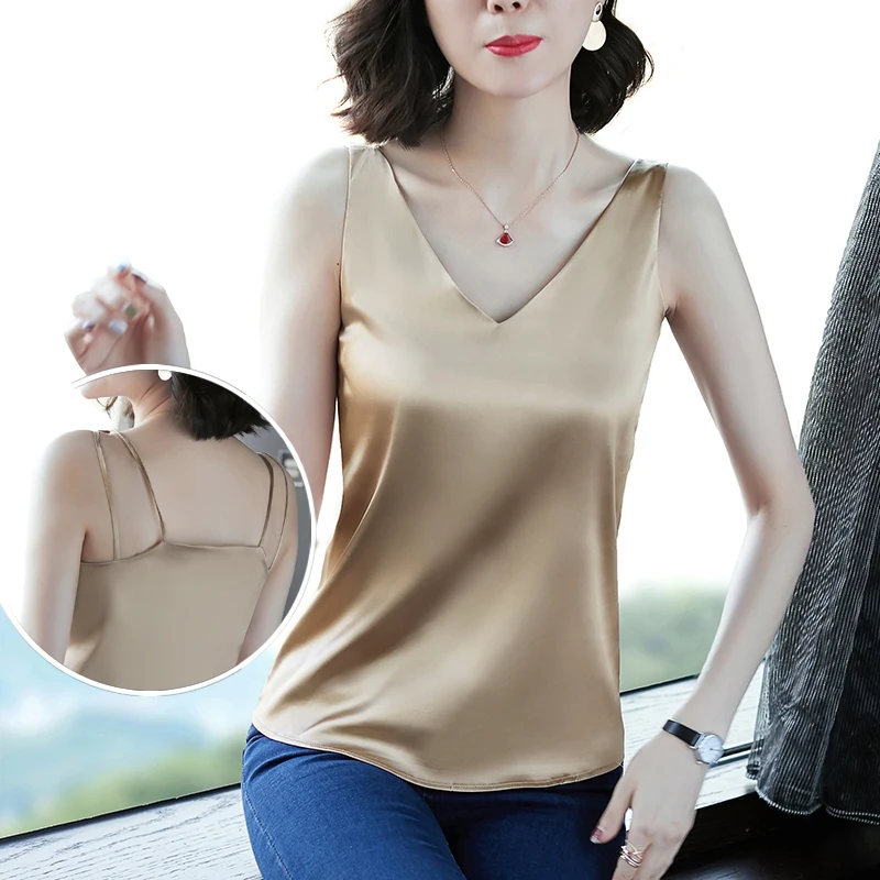Korean Silk Women Camis Woman Satin Silk Tank Tops Women Elastic Strap Halter Top Woman Sleeveless V Neck Camis Top Plus Size