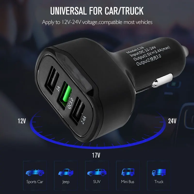 QC 3,0 3 USB Автомобильное зарядное устройство Универсальный адаптер питания Автомобильное зарядное устройство для электроники Прямая поставка