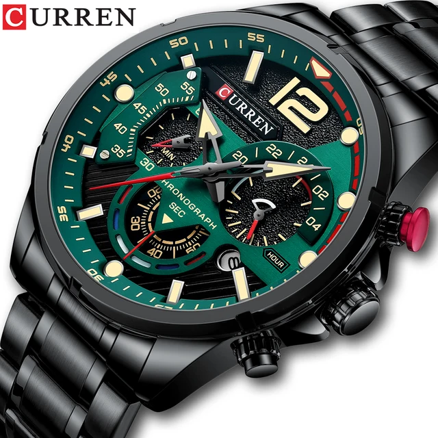 CURREN New Green Mens Watches Top Brand Luxury Stainless Steel Quartz Watch Men Sport Date Male Clock Waterproof Wristwatch 1