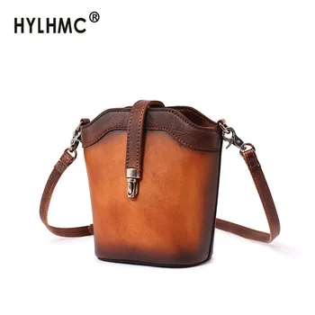 

New Vintage Leather Bag Women Shoulder Messenger Bag Handmade Leather Female Small Bucket Bag Phone Crossbody Bags Original Soft