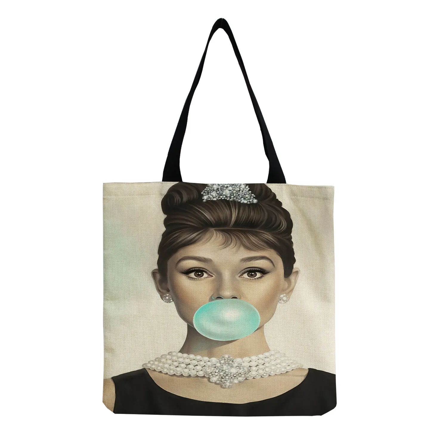 Audrey Hepburn Quotes Classy Handbag Linen Large Capacity High Quality Shoulder Tote Letter Shopping Bag Female Custom Pattern 