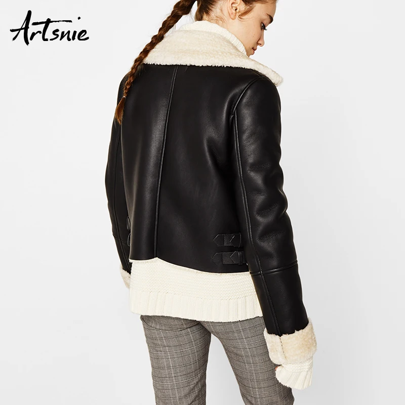 Artsnie Black Casual Faux Leather Jackets Women Autumn Streetwear Motorcycle Biker Jacket Girls Winter Wool Chaquetas Mujer